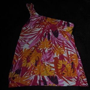 Express One-Shoulder Tropical Print Top in Pink, Orange & White